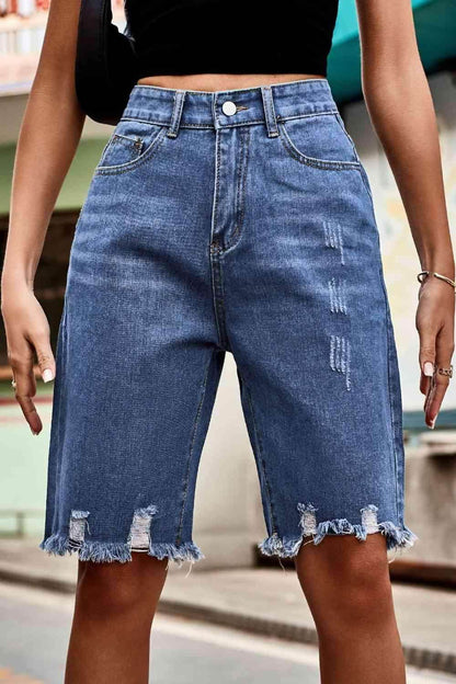 Raw Hem High Waist Denim Shorts with Pockets for Women
