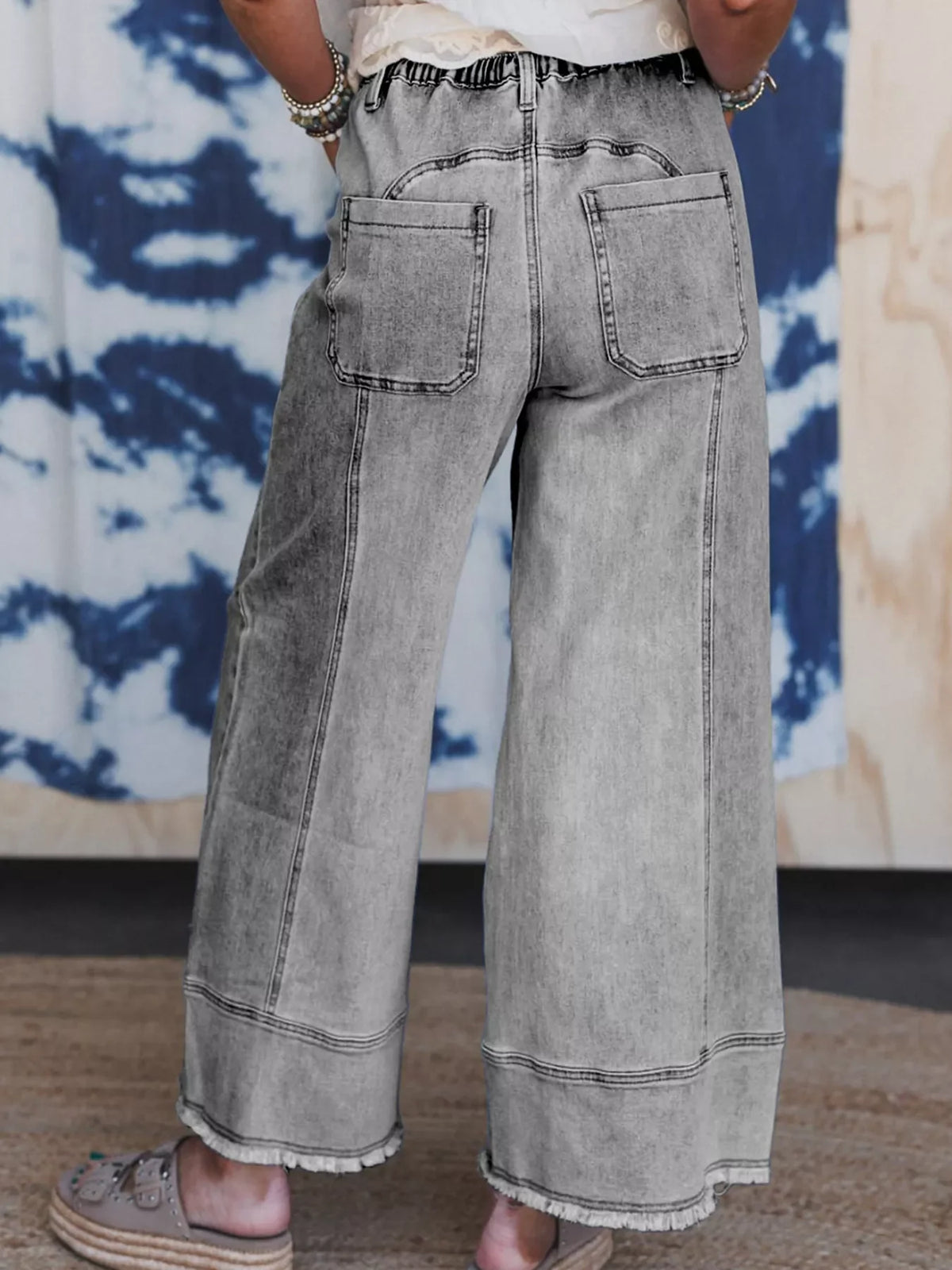 Wide Leg Drawstring Raw Hem Jeans