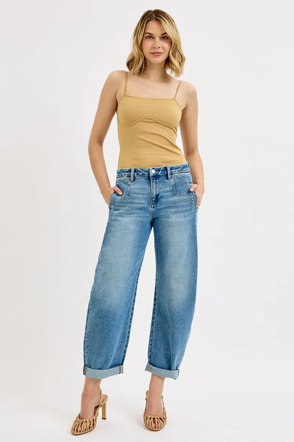 RISEN Full Size Mid Rise Fit Barrel Roll Up Jeans Plus Size