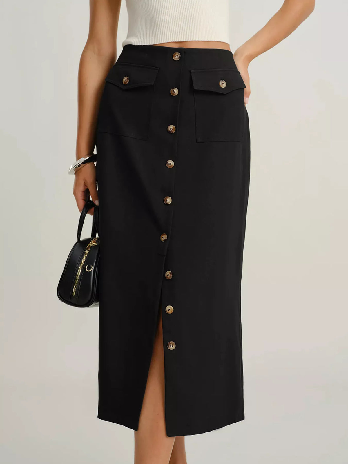 Button-Front Pocketed Midi Skirt