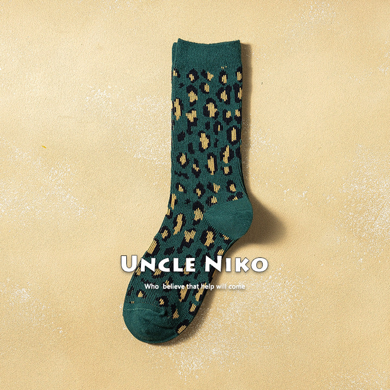 Ins Combed Cotton Mid-calf Socks Double-needle Korean-style Leopard Print