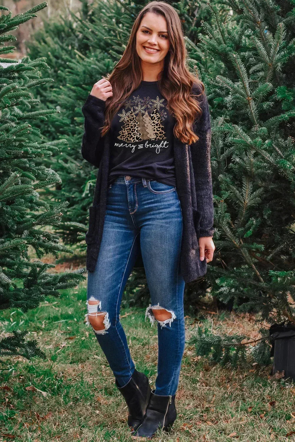 White Leopard Christmas Tree Graphic Tee – Festive &amp; Fierce Crewneck