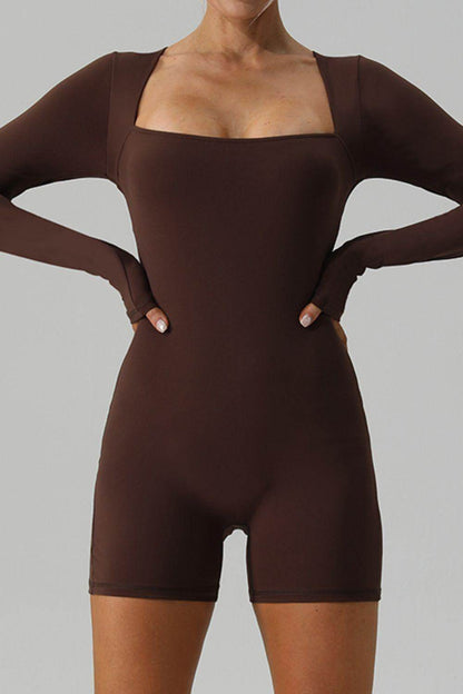 Square Neck Long Sleeve Active Romper for Women Fitness
