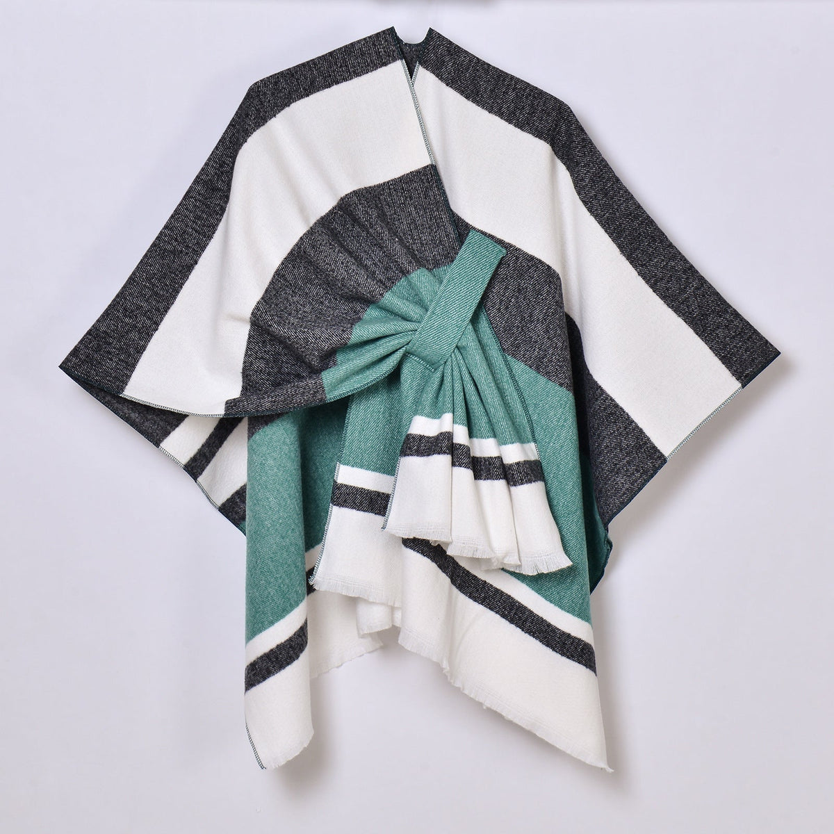 Womens Striped Tassel Cross-Strap Warm Cape Shawl