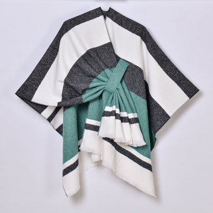 Womens Striped Tassel Cross-Strap Warm Cape Shawl