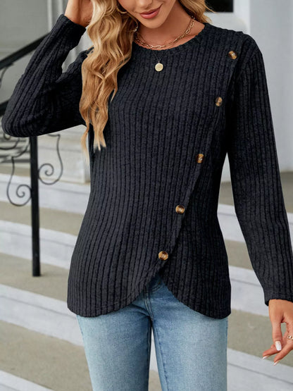 Ribbed Knit Decor Button T-Shirt