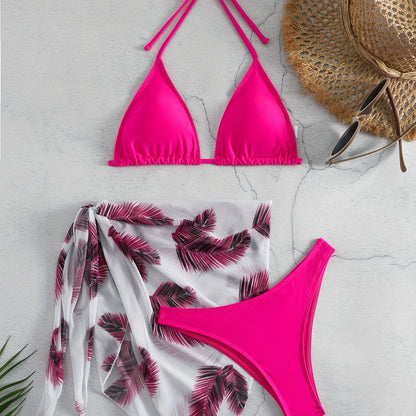 Feather Luxe 3-Piece Bikini Set – Exotic Feather Print Halter Neck Backless Swimsuit with High Cut Tie Back Bottoms and Wrap Cover-Up – Women’s High-Stretch Comfortable Swimwear for Summer Beach &amp; Pool Vacations