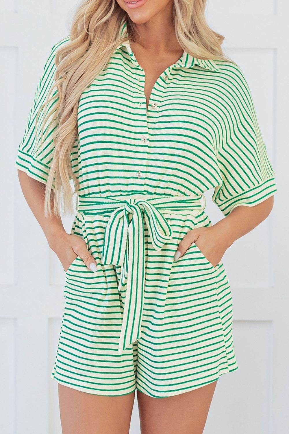 Striped Half Sleeve Tie Waist Romper