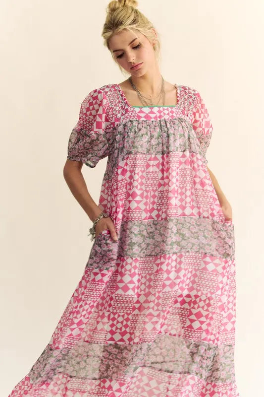 Davi &amp; Dani Multi Floral Square Neck Puff Sleeve Maxi Dress
