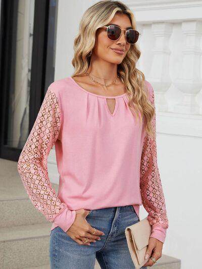 Cutout Round Neck Long Sleeve T-Shirt with Lace Detail