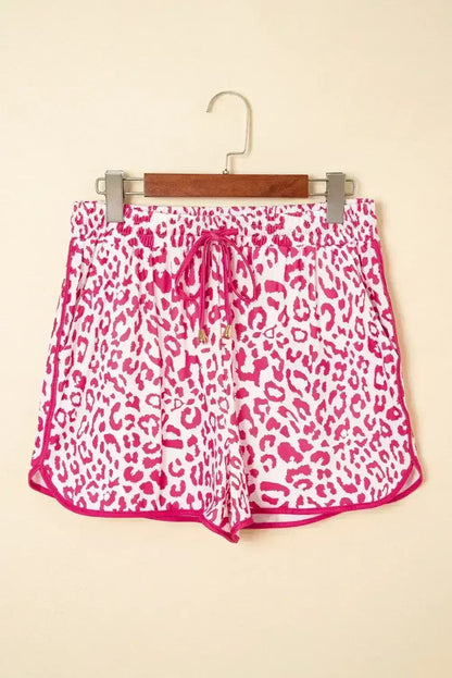 Blue Leopard Elastic Waist Lace up Contrast Trim Casual Shorts