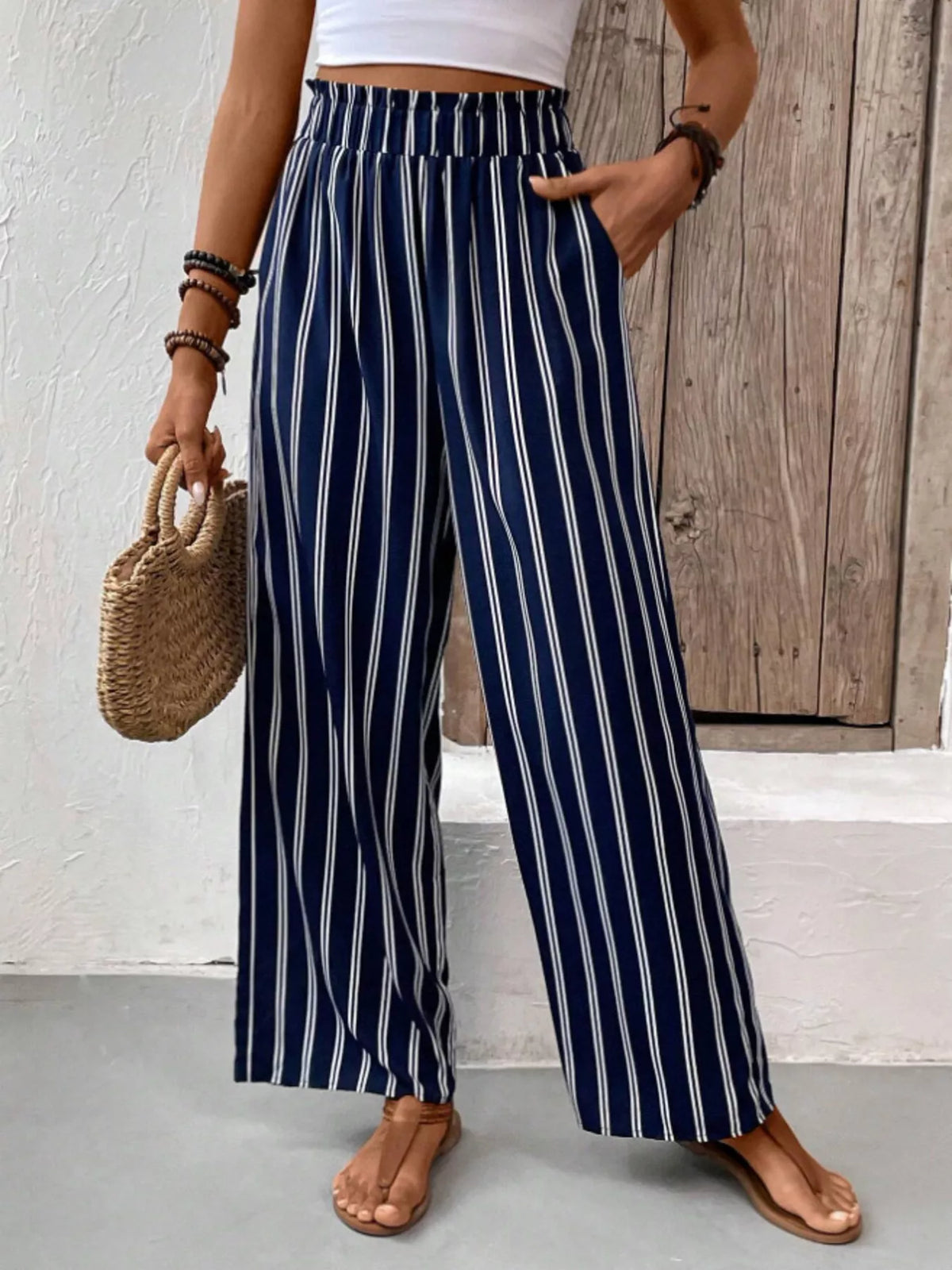 Full Size Striped High Waist Wide Leg Pants Plus Size