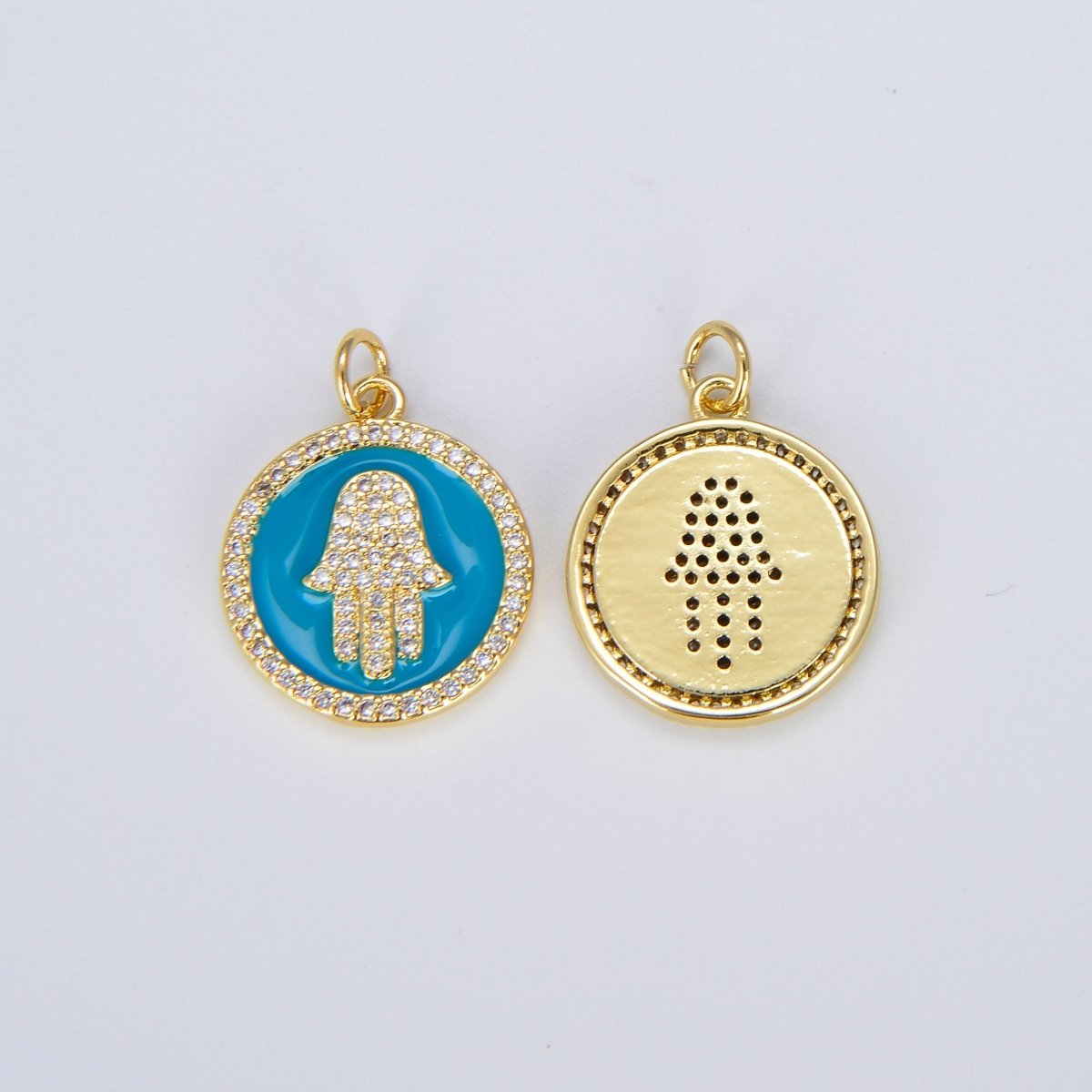 Dainty 14K Gold Filled Hamsa Hand Charm Coin Disc Hand of Fatima Pendant E-306 - E-310