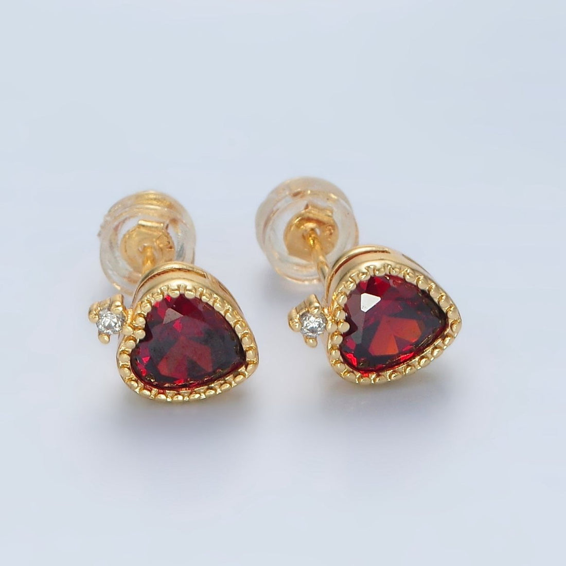 24K Gold Filled Red CZ Heart Bezel Stud Earrings