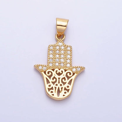 Dainty 24K Gold Filled Hamsa Hand Pendant Micro Pave Silver Hand of Fatimah Charm AA307 AA308