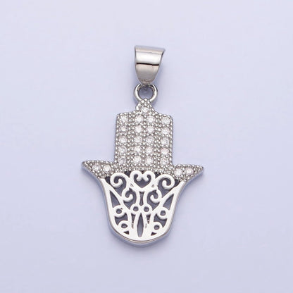 Dainty 24K Gold Filled Hamsa Hand Pendant Micro Pave Silver Hand of Fatimah Charm AA307 AA308