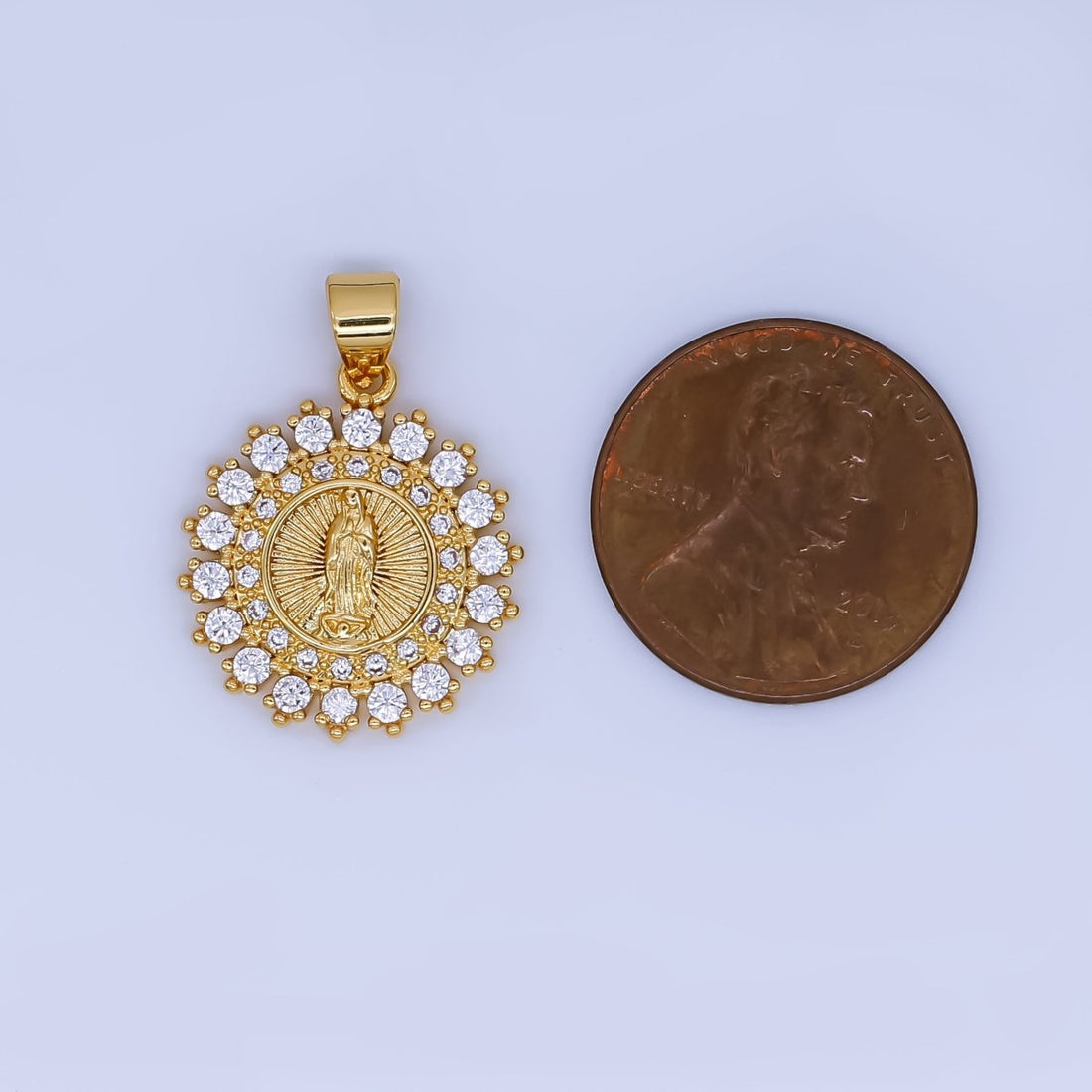 Dainty 24K Gold Filled Lady Guadalupe Charm Virgin Mary Religious Figure CZ Round Pendant | AH503