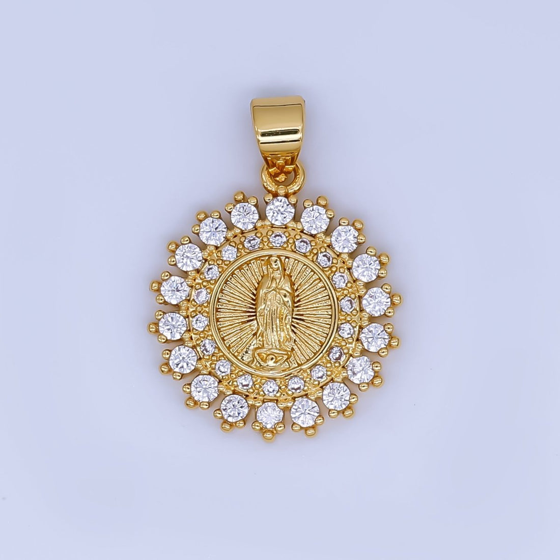 Dainty 24K Gold Filled Lady Guadalupe Charm Virgin Mary Religious Figure CZ Round Pendant | AH503