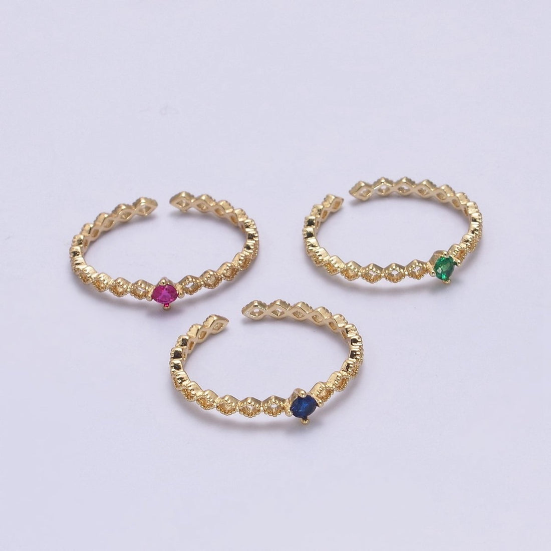 Dainty 24K Gold Filled Rhombus Diamond Beaded Ring with Pink, Blue, Green Crystal Cubic Zirconia CZ Ring S-357 S-358 S-359