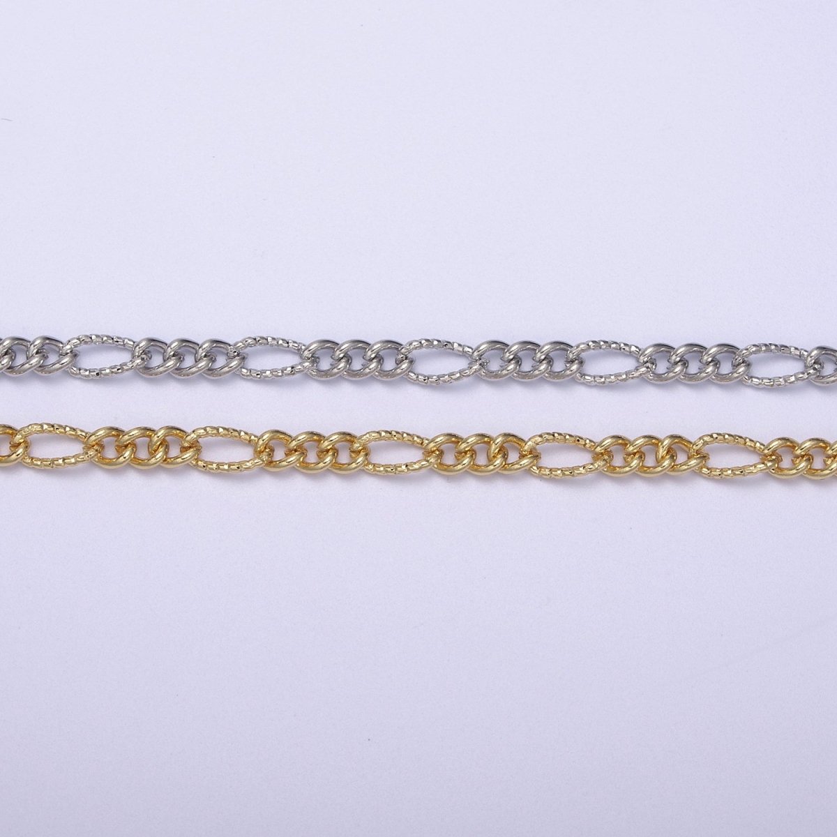 Dainty 4mm Unique Figaro Chain in Silver &amp; Gold color, 24K Gold Filled Textured Figaro Chain Sold by Yard For Jewelry Making Supply Component | ROLL-629, ROLL-630 Clearance Pricing