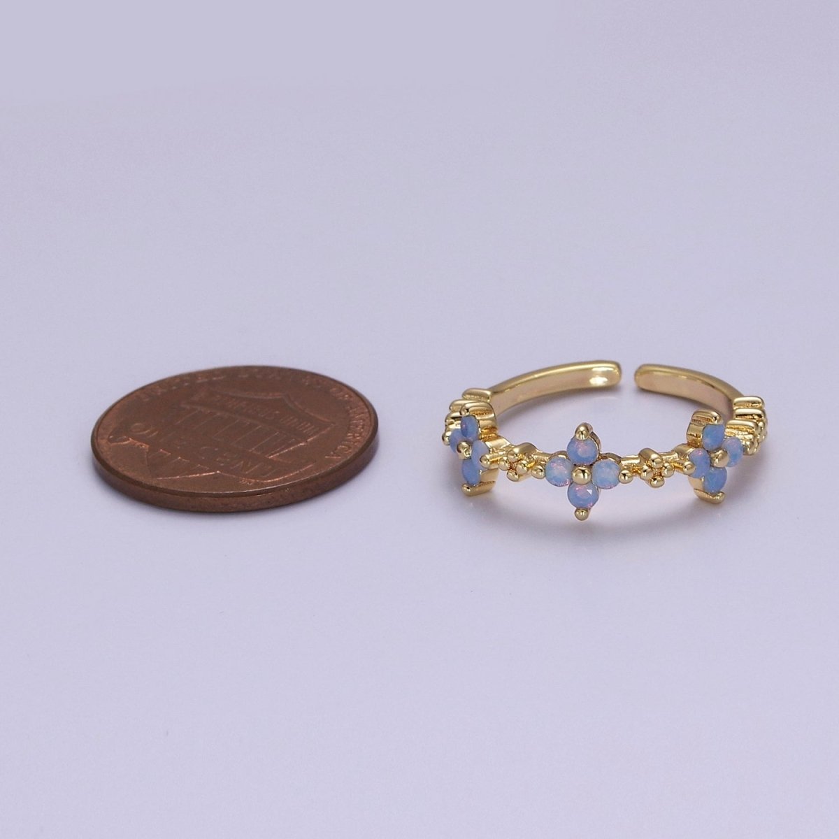 Dainty Blue Opal Flower Ring Open Adjustable Gold Filled Band Ring For Minimalist Jewelry O2079
