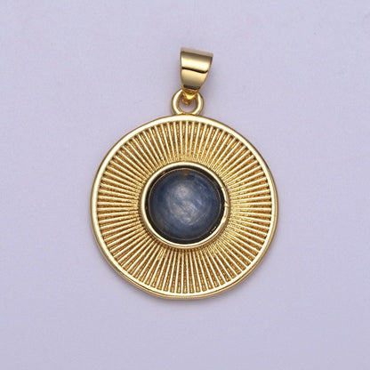 Dainty Blue Tiger Eye Stone Beads Round Coin Sunburst Geometric Pendant Charm H-209