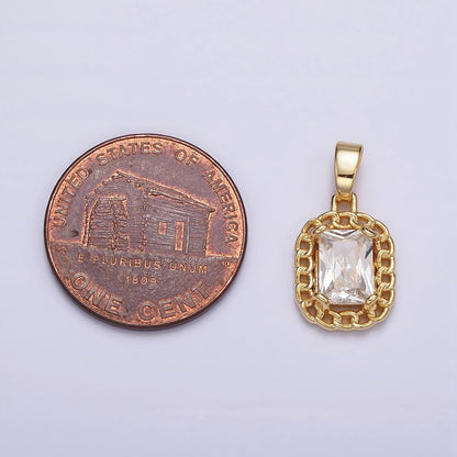 Dainty Clear Cubic Zirconia Emerald Cut Stone Pendant Tag Charm with Curb Link Frame  J-611