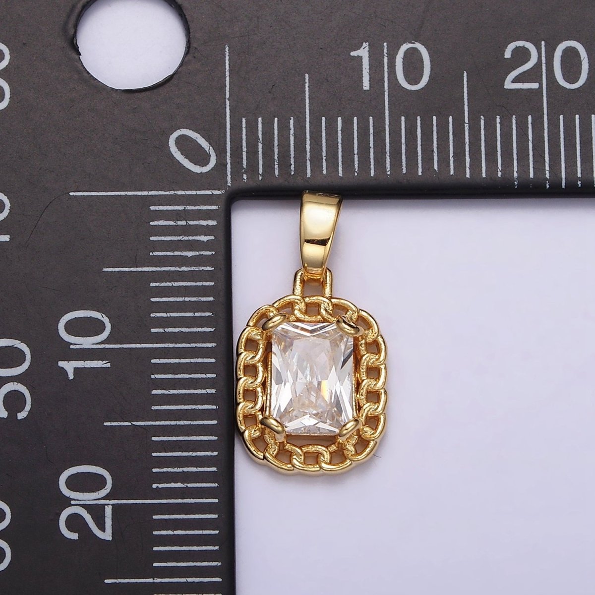 Dainty Clear Cubic Zirconia Emerald Cut Stone Pendant Tag Charm with Curb Link Frame  J-611