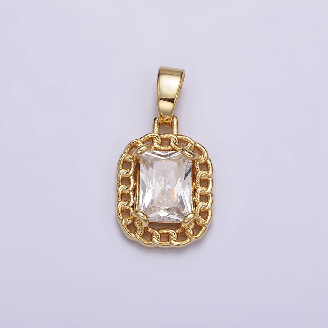 Dainty Clear Cubic Zirconia Emerald Cut Stone Pendant Tag Charm with Curb Link Frame  J-611