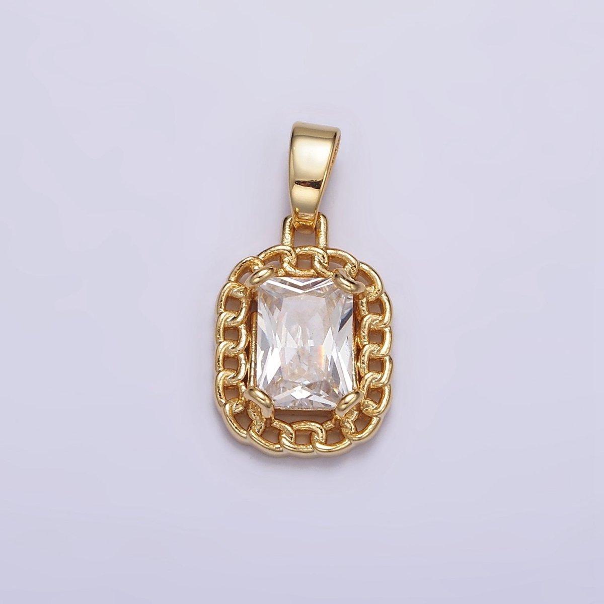 Dainty Clear Cubic Zirconia Emerald Cut Stone Pendant Tag Charm with Curb Link Frame  J-611