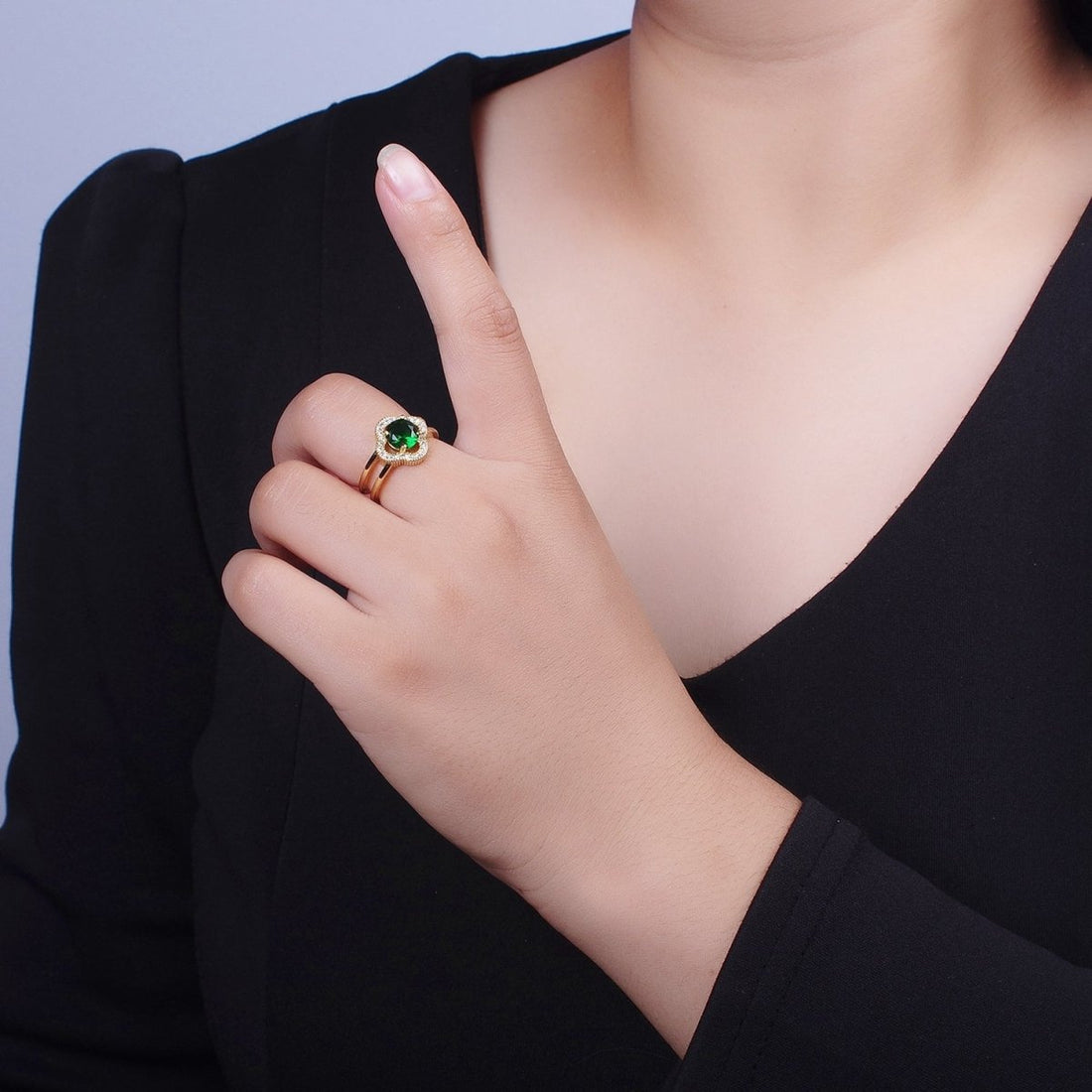 Dainty Clover Ring for Women, Emerald Green Cubic Zirconia Lucky Ring for Women Open Adjustable Ring R-204