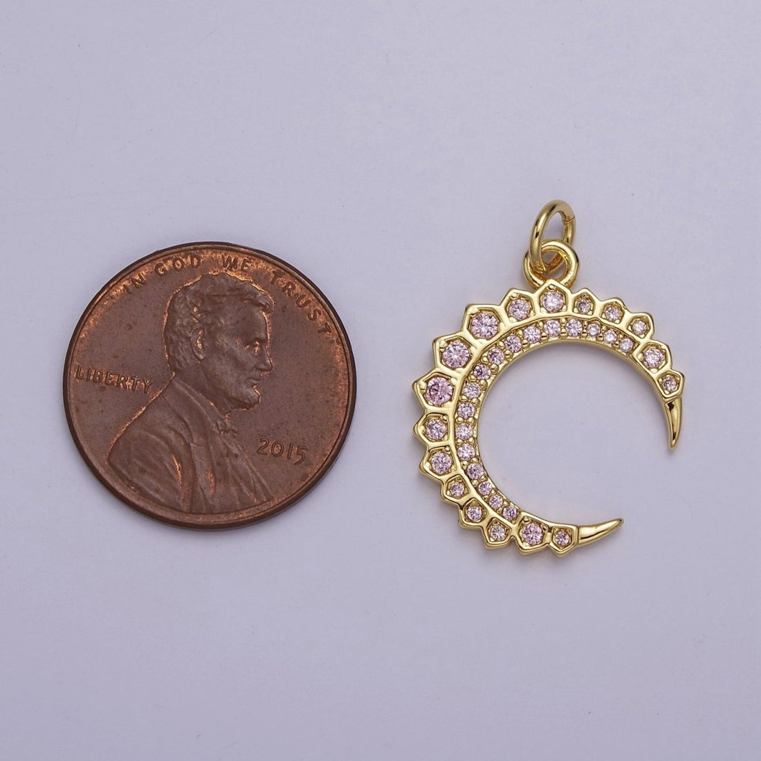 Dainty Crescent Moon Charm with Pink Cz Stone for Celestial Jewelry E-649