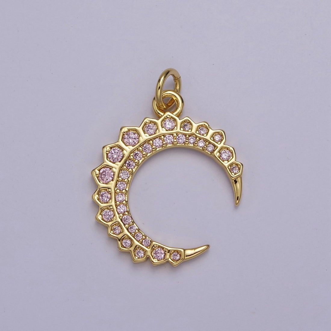 Dainty Crescent Moon Charm with Pink Cz Stone for Celestial Jewelry E-649