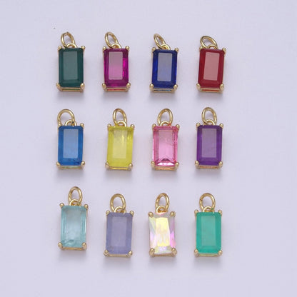 Dainty Cubic AB, Yellow, Blue, Teal, Green, Pink, Red 24k Gold Filled Solitaire Micro Pave Pendant Rectangle Emerald Diamond Cut Square Cz Stone Pendant for Birthstone Add on Charm C-707,C-712,C-713,C-716,C-743,C-773~C-779