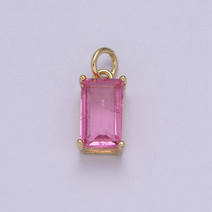 Dainty Cubic AB, Yellow, Blue, Teal, Green, Pink, Red 24k Gold Filled Solitaire Micro Pave Pendant Rectangle Emerald Diamond Cut Square Cz Stone Pendant for Birthstone Add on Charm C-707,C-712,C-713,C-716,C-743,C-773~C-779