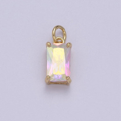 Dainty Cubic AB, Yellow, Blue, Teal, Green, Pink, Red 24k Gold Filled Solitaire Micro Pave Pendant Rectangle Emerald Diamond Cut Square Cz Stone Pendant for Birthstone Add on Charm C-707,C-712,C-713,C-716,C-743,C-773~C-779