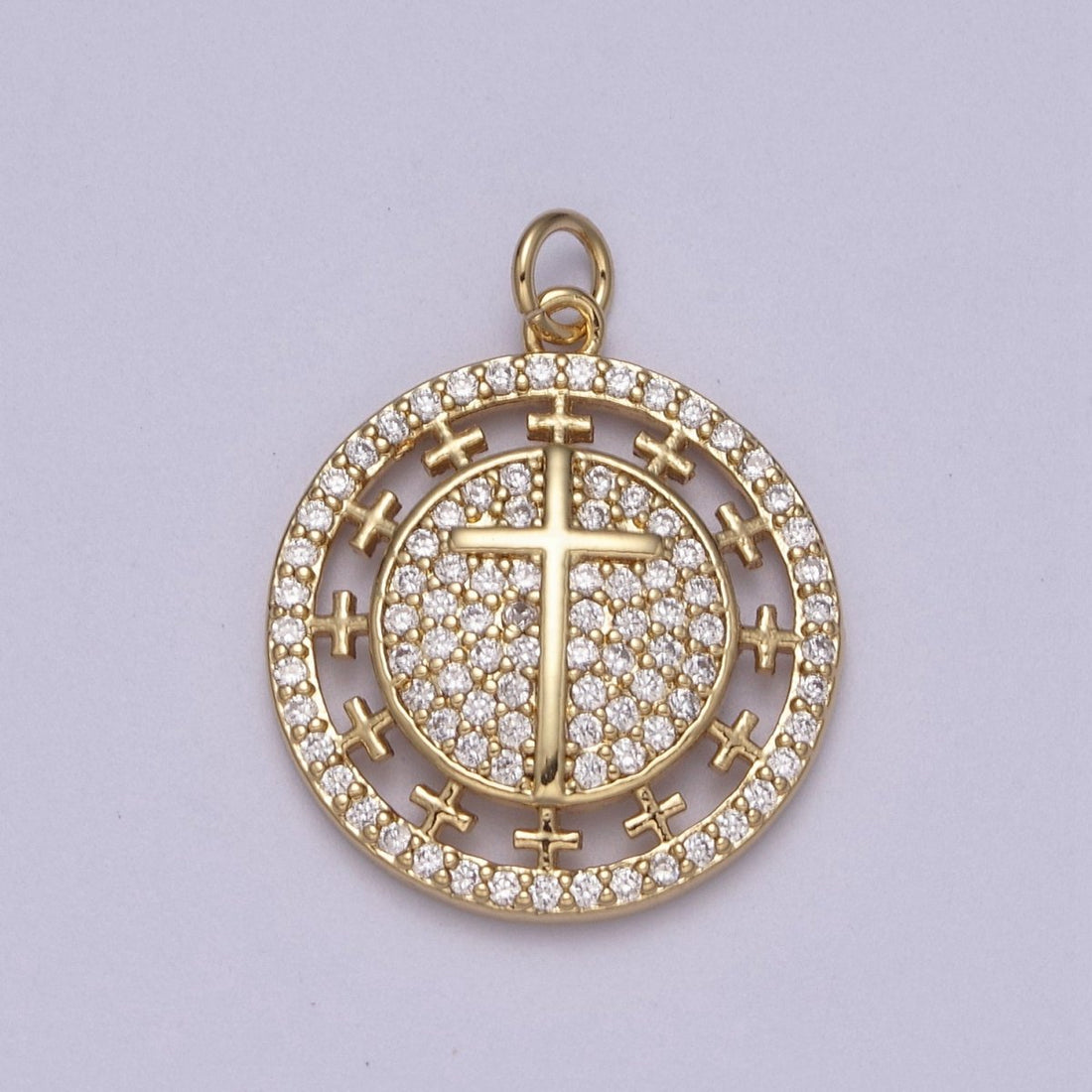 Dainty Cubic Cross Round Coin Medallion Pendant in Gold Catholic Charms Religious Jewelry N-338