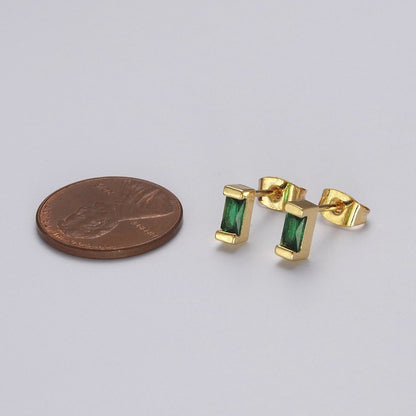 Dainty Emerald Green tiny baguette stud earrings | second hole earrings | tiny rectangle studs | Baguette shaped studs V-160