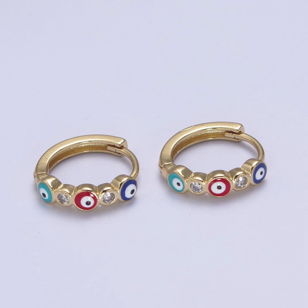 14K Gold Filled 14mm Evil Eye Enamel CZ Huggie Earrings | T309 - T314