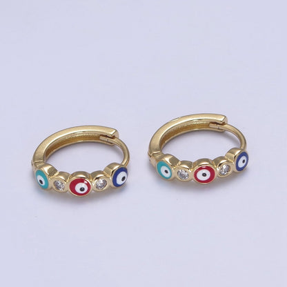 14K Gold Filled 14mm Evil Eye Enamel CZ Huggie Earrings | T309 - T314