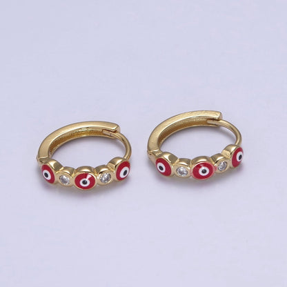 14K Gold Filled 14mm Evil Eye Enamel CZ Huggie Earrings | T309 - T314