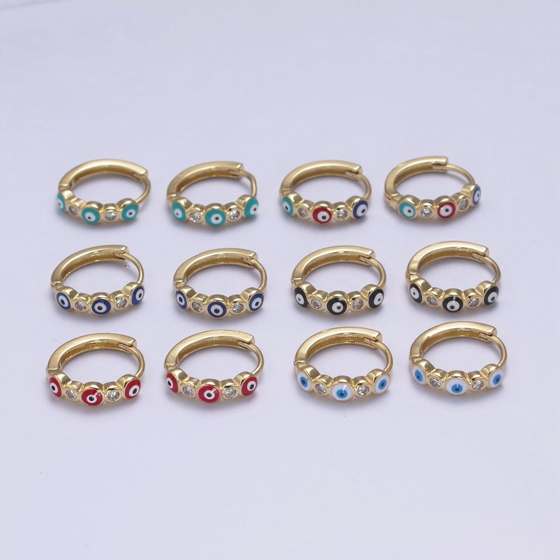 14K Gold Filled 14mm Evil Eye Enamel CZ Huggie Earrings | T309 - T314