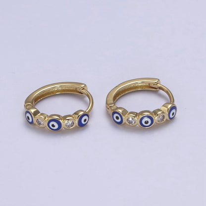 14K Gold Filled 14mm Evil Eye Enamel CZ Huggie Earrings | T309 - T314