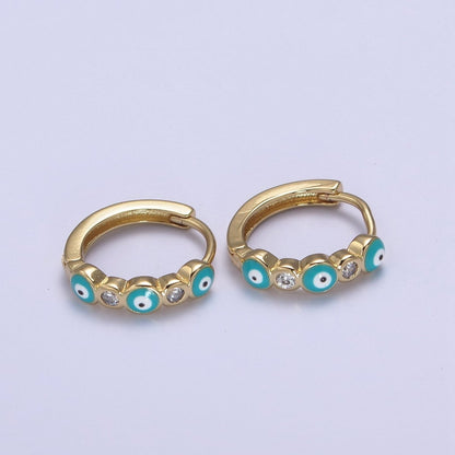 14K Gold Filled 14mm Evil Eye Enamel CZ Huggie Earrings | T309 - T314