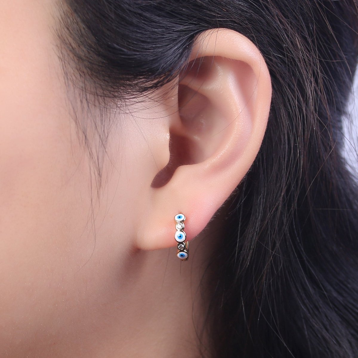 14K Gold Filled 14mm Evil Eye Enamel CZ Huggie Earrings | T309 - T314