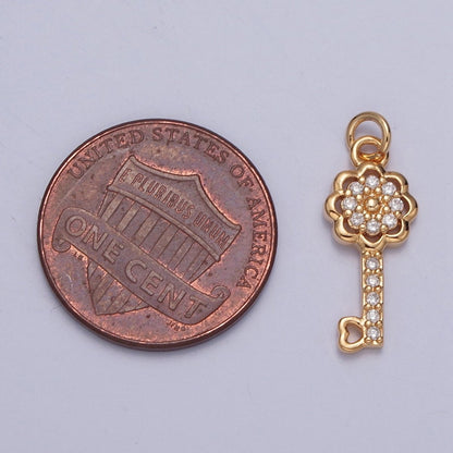 Dainty Flower Heart Key Micro Paved CZ Gold Charm Jewelry Component | X-247
