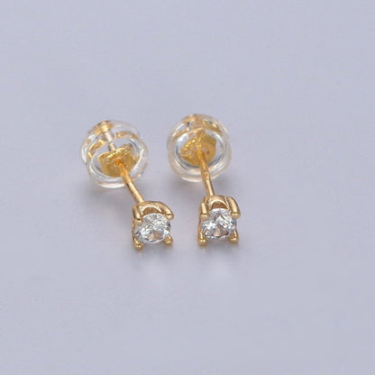 Dainty Gold 3mm, 4mm, 4.4mm Round Clear Cubic Zirconia CZ Stud Earrings P-432 P-433 P-434
