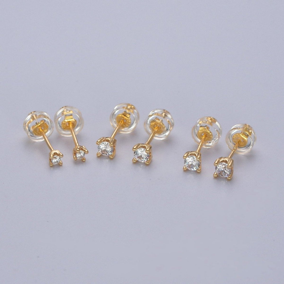 Dainty Gold 3mm, 4mm, 4.4mm Round Clear Cubic Zirconia CZ Stud Earrings P-432 P-433 P-434