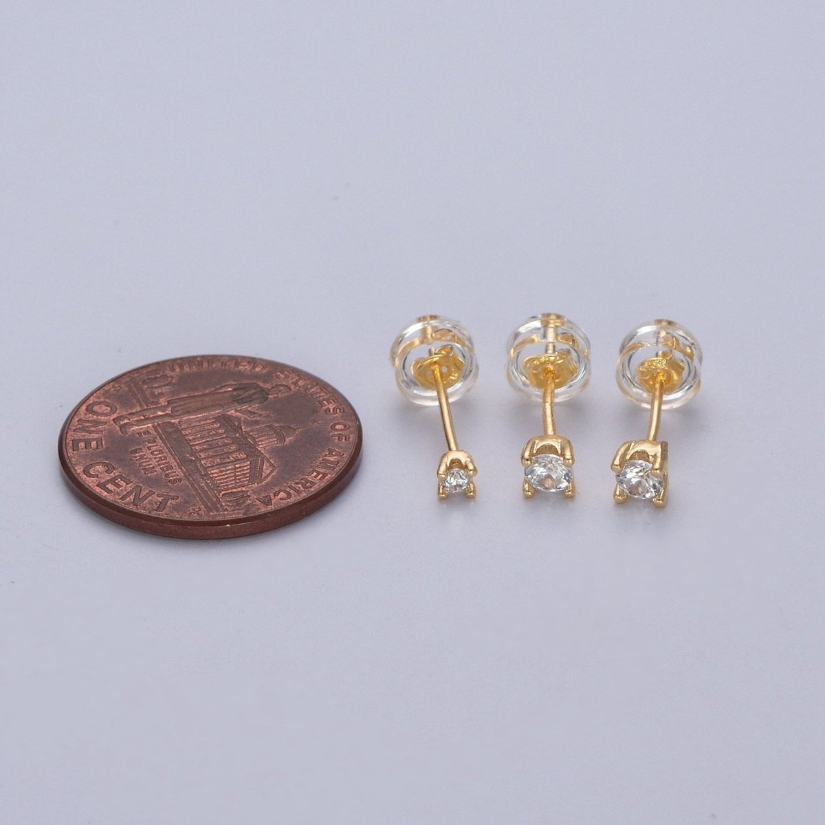 Dainty Gold 3mm, 4mm, 4.4mm Round Clear Cubic Zirconia CZ Stud Earrings P-432 P-433 P-434