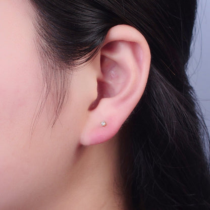 Dainty Gold 3mm, 4mm, 4.4mm Round Clear Cubic Zirconia CZ Stud Earrings P-432 P-433 P-434